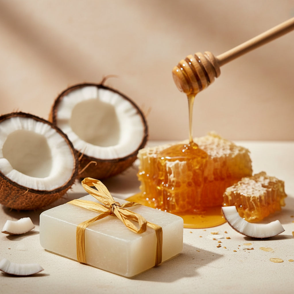 Handmade coconut honey bar soap with natural moisturizing ingredients
